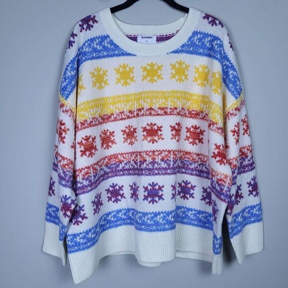 Old Navy Womens Fair Isle Wool Sweater Plus Size XXL Multicolor Snowflake Cozy - Picture 1 of 6
